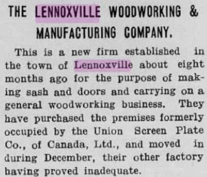 «Lennoxville, the beautiful suburban village, seat of the university of Bishop's college.». Sherbrooke Daily Record, jeudi, 23 mars 1911, p.11.