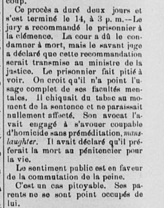 Source : [SA] « Cour d’assises. 13 octobre ». Le Progrès de l’Est : organe politique des populations des Cantons de l’Est, 7e année, no 374, 17 octobre 1890, p. 2.